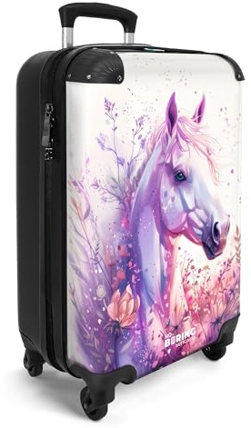 NoBoringSuitcases.com Kinderkoffer, Kinderkoffer Mädchen, Koffer Kinder, Kinder Reisekoffer, Kabinentrolley Mädchen, Handgepäck Koffer, Rollkoffer, Handgepäck 55x40x20 cm (Pferd - Violett-Rosa)