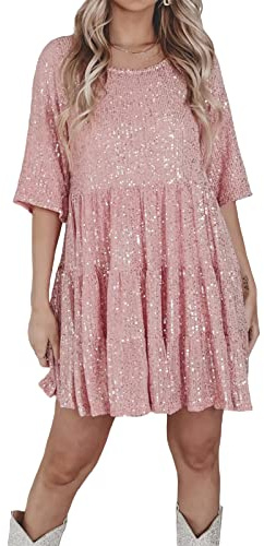 Qianderer Damen-Minikleid mit Pailletten, kurzärmelig, lässig, glitzernd, Tunika, T-Shirt, Kleid, gestuft, Party, Club, Disco, Tanz, Minikleider