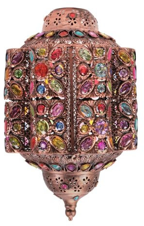 ValueLights | Large Moroccan Bazaar Style Bronze Lantern Living Room Bedroom Ceiling Light Easy Fit Pendant Shade with Multi Coloured Jewels | Shades & Home Improvements Essential | 300mm Shade Width