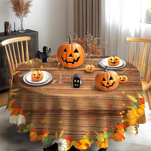 iEvery Tischdecke Herbst Rund 150, Erntedankfest Herbsternte Orange Kürbis Tischdecke, Gartentischdecke Abwaschbar Outdoor Wetterfest Table Cloth für Party Halloween Urlaub Dekoration