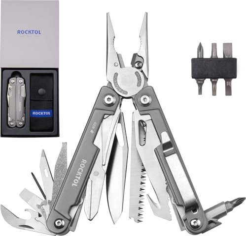 ROCKTOL Multitool Tång, EDC multiverktyg fickkniv VG10 blad, 27-i-1 multiverktyg med titanpläterat handtag, precisionsskruvmejsel, gutkrok för jakt, backpacking, vandring, camping, (Gen-R)