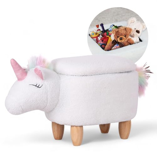 Suleno Einhorn-Tierhocker mit Stauraum, Niedlicher Organizer &, 40 cm | Sitzbox für Kinder, weicher Plüschbezug, Holzbeine, dekorative Möbel für Kinderzimmer 68 x 33 x