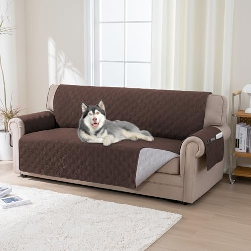 BellaHills 100% Wasserdicht Couch Überzug, Sofa Überzug 3 Sitzer (51x172cm), Sofa-Schutzhülle mit Rutschfester Unterlage für Wohnzimmer, Braun
