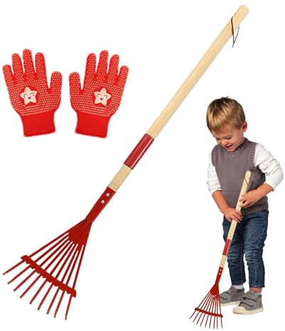 Râteau de jardin pour , râteau de taille enfant | Râteau à feuilles avec manche en bois | Râteau à gazon pour avec gants pour le camping, l'exploration en plein air, le jardinage