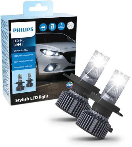 Philips Ultinon Pro3022 LED ampoule de phare automobile (H4), +100%, lumière blanche et froide à 6.000K, set de 2
