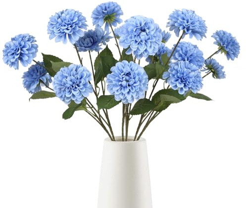 Fqueelvys Lot de 6 fleurs de dahlia artificielles bleues avec 3 têtes de 73,7 cm de long, fleurs de dahlia artificielles en soie pour mariage, maison, centres de table, décorations de fête,