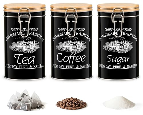 Danmu Art Tea Coffee Sugar Canisters Set of 3–1L Airtight Kitchen Storage Jars with Spring Lock Lid & Rubber Seal, Black Matte Finish, Wide Round Opening, Food-Grade Tinplate for Kitchen Organisation