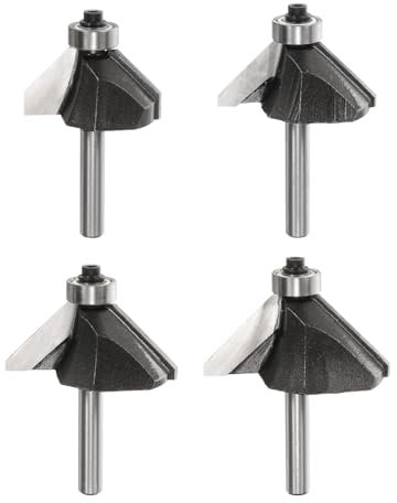 sourcing map 4pcs 45 Degree Chamfer Router Bit Set 1/4 Inch Shank 5/8 3/4 7/8 1 Cutting Edge Carbide Tip with Bearing for Woodworking Milling Cutter Tool, Black
