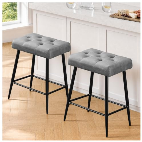 STOOLINK 2er Set Barhocker, Barstuhl mit Mikrofaser-Leder, Ohne Lehne, Grau | Retro Küchenhocker Höhe 62.5 cm, mit Fußstütze, 10 cm Dicke 58D Memory-Schaum, 150 kg belastbar, für Bistro, Küche, Theke
