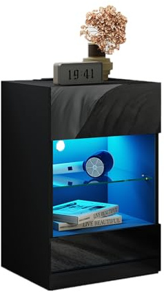 Bedside Table with LED Lights, Modern High Gloss Front Bedside Cabinet with Charging Station, Black Bedside Table with 2 Drawers and 2 Open Shelves, LED Nightstand for Bedroom, Living Room