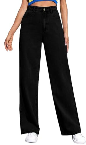 Femmes Jeans Taille Haute Grande Grande Taille Pantalon Jambe Droite D'Été Jeans Curvy Jambe Large Pantalon Basic Pantalon Denim avec Poches Large Leg Pantalon de Route Style Streetwear, 02#Noir, M