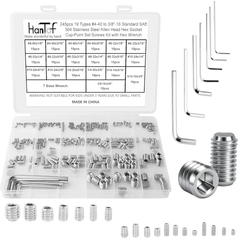 HanTof 245 Pcs 19 Sizes Set Screw Assortment Kit, SAE Allen Head Grub Screws for Bathroom Fixture, 304 Stainless Steel Internal Hex Drive Cup-Point for Door Knob, Faucets (#4-40 to 3/8-16 UNC)