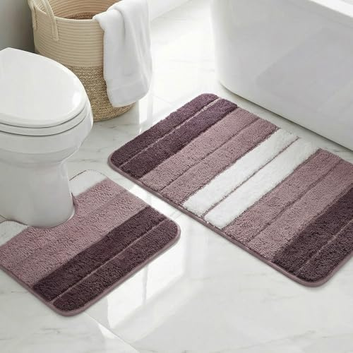 LUSCHEER 2 Piece Bath Mat Set, Extra Soft Absorbent Microfiber Non Slip Rug and Toilet Mat, Water Absorbent Machine Washable for Bathroom Floor (Purple, 80 x 50 cm + U Shaped 50 x 40 cm)