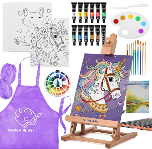 COOZEE Easel Set, 46-teiliges Malset mit Tischstaffelei, Acrylmalerei-Starterset mit 12 Acrylfarben, 12 Buntstiften, Pinseln, Leinwandplatten und Aquarellblock für Einsteiger & Hobbymaler, lila