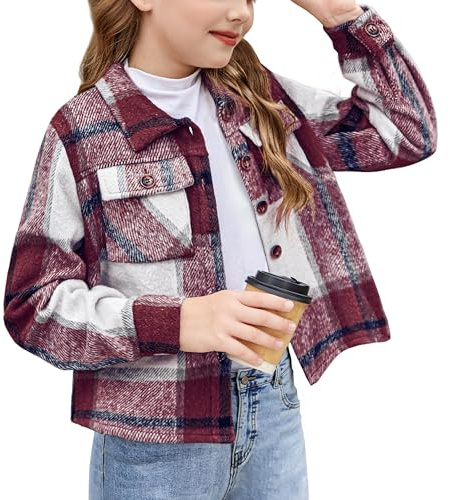 Arshiner Ragazze Camicie a Quadri Autunno-Inverno Camicie a Maniche Lunghe comode e alla Moda Giacca Corta con Risvolto abbottonata Bluse per Bambine 6-7 Anni