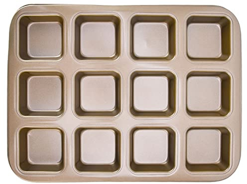 WPKD BLUEIY Mini teglie da forno, 12 cavità in acciaio al carbonio per brownie, teglia per cupcake e muffin, divisore, finitura oro
