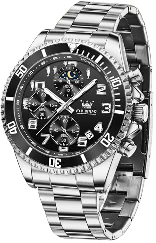 OLEVS Groß Uhr Herren Wasserdicht Leuchtend Edelstahl Mondphase Armbanduhr Herren Analog Chronograph Herrenuhren Arabische Ziffern mit Datum