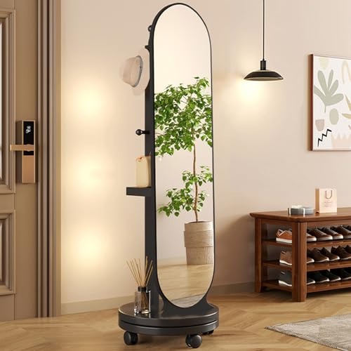 Specchio autoportante girevole a figura intera con appendiabiti e ruote, specchio da pavimento girevole a 360°, per camera da letto e soggiorno