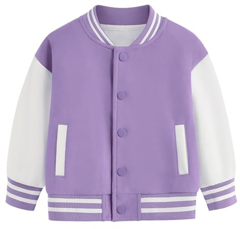 YiZYiF Mädchen Jungen Baseball Jacke Farbblock College Jacke Mit Druckknöpfe Tasche Kinder Baby Frühling Winter Herbstjacke A_Lila 122-128