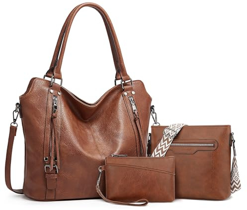 TANTOMI Hobo Lot de 3 grands sacs à main pour femme avec plusieurs compartiments, sacs à bandoulière avec poignée de transport, sacs à bandoulière pour femme pour le travail et les voyages, marron