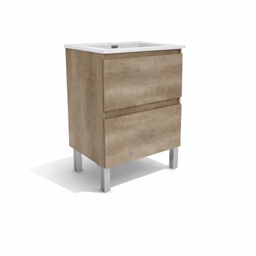 Baikal Mueble de Baño Nook. Mueble MONTADO. 60cm Nebraska Cajón + Puerta Abatible. Cierre Amortiguado. Patas Cromadas. Armario de Baño. Incluye Lavabo Ceramico