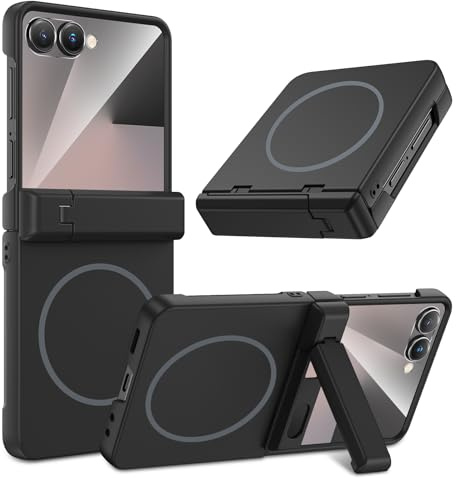 HWeggo Funda para Samsung Z Flip 7 [Compatible con Carga Magnética] con Plegable Kickstand y Protector de Pantalla Frontal & Protección de Bisagras,Support Wireless Charging Shockproof Cover,Negro