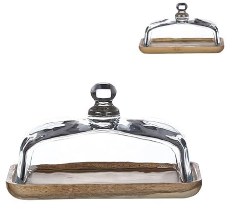 Garvee Vassoio rettangolare in legno di acacia con coperchio in vetro trasparente – Versatile burriera e porta formaggio – Perfetto per servire burro, formaggio cremoso, dessert e caramelle in cucina,