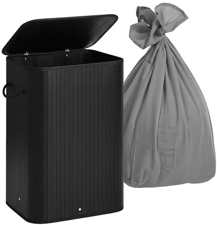 Relaxdays Cesto portabiancheria in bambù con Coperchio, 2 Scomparti, Pieghevole, 63x52x32 cm, Nero