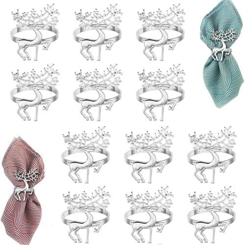 12 Stück Serviettenringe Weihnachten,12 Stück Rentier Servietten Ring, für Tischdeko Weihnachten, Party, Hochzeit, Thanksgiving (Silber)