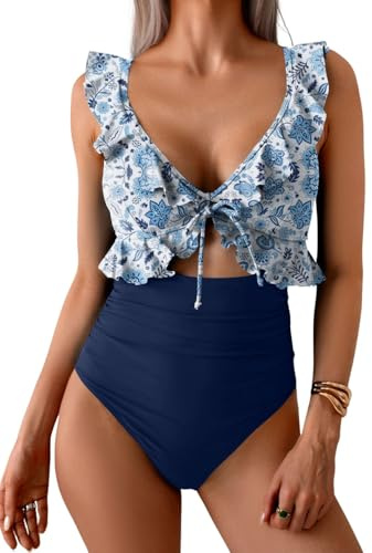 Yutdeng Costume da Bagno Intero Donna Curvy Sexy Ritaglio Push Up Scollo a V Elegante Maniche con Volant Costumi Interi con Laccetti sul Retro Bikini Un Pezzo Controllo Pancia Mare