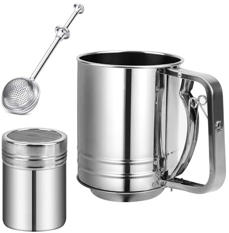 VELAJA Juego de Tamiz 3 Piezas, Tamizador de Harina Manual Semi Automático de Acero Inoxidable, Colador de Malla Fina para Repostería, Pasteles, Bizcochos y Postres
