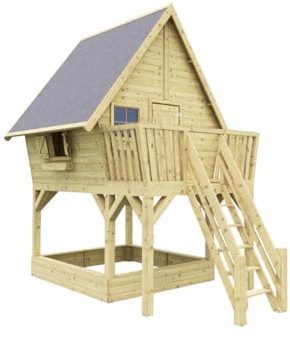 Prestige Garden Braun Grün Stelzenhaus Clubhouse, Kesseldruckimprägniertes Kiefernholz, Mit Sandkasten, Veranda, Fenstern Und Blumenkästen, 140 Cm Podesthöhe, Stabiles Spielhaus Für Den Garten, 181...