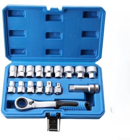 Allthingstore Juego de 17 llaves de trinquete de 12 puntos, llaves métricas de 10 mm a 24 mm con accionamiento de 3/8 y 1/2, barra de extensión y brocas, kit de llaves de metal compacto para mecánicos