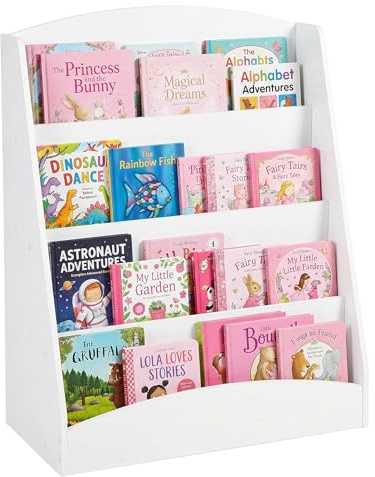 Amveya Bücherregal Weiß für Kinderzimmer, Spielzeug Organizer mit 4 offenen Fächern, schmales Kinderregal, Montessori Bücherregal als Spielzeugregal (60x30x70 cm)