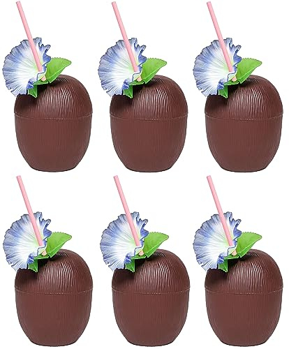 6 x Coconut Cups with Paper Straws - Reusable Plastic 18oz Hawaiian Party Cups with Decorative Flowers for Tropical Luau, Tiki, Hula, Beach Parties - Coconut Cup for Cocktails & Exotic Drinks