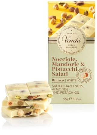 Venchi Tavoletta di Cioccolato Bianco Salata, 95 g - Cioccolato Bianco con Nocciole, Pistacchi e Mandorle Salati -Senza Glutine
