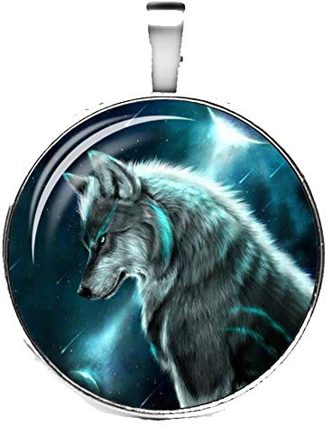 Merchandise for Fans Halskette mit Anhänger/Silberschmuck/Indianerschmuck. Farbe: Silber, Motiv: Wolf nachtleuchtend, fluoreszierend in grün