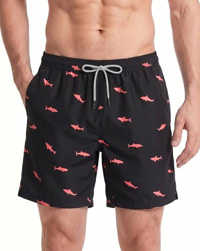 MaaMgic Mens Quick Dry Swim Trunks with Mesh Lining Flamingo Boardshorts, Black Pink Shark, Large ( Waist:33inches-35inches )