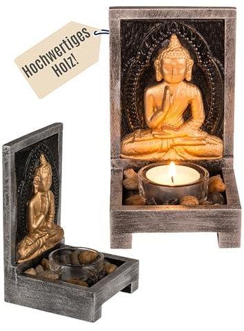 Out of the blue Holz Teelichthalter Buddha mit Dekosteinen - Beruhigende Dekofigur für Wohnzimmer & Meditationsecke - Handgeschnitzte Holzdeko mit Teelicht - Perfekte Geschenkidee für Ruhe & Harmonie