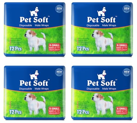 Pet Soft Pañales Desechables para Perros machos, pañales para Cachorros, 48 Unidades, XS, Paquete de 4
