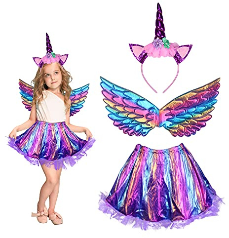 MEZOOM 3 Stück Einhorn Kostüm Prinzessin Set, Mädchen Einhorn Haarreif Flügel mit Tutu Rock Kinder Regenbogen Unicorn Cosplay Kostüme für Halloween Einhornparty Kindergeburtstag (3-9 Jahre)