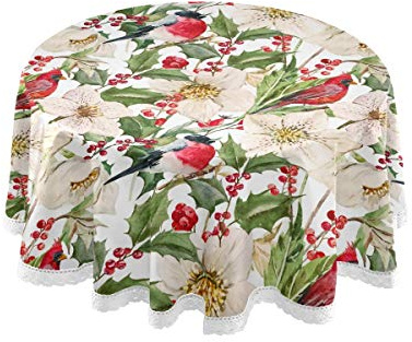 AOOEDM Tovaglie rotonde per decorazioni natalizie, fiori di elleboro di Natale Tovaglia lavabile per uccellini di agrifoglio per picnic all'aperto per feste in cucina