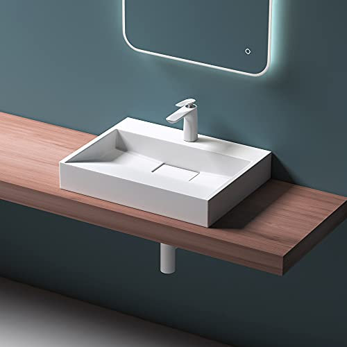 Mai & Mai Waschbecken Weiß Matt Aufsatzwaschbecken Hängewaschbecken Hängewaschtisch inkl. Ablaufgarnitur Mineralguss Rechteckig Waschplatz 1 Armaturenloch Breite: 50cm