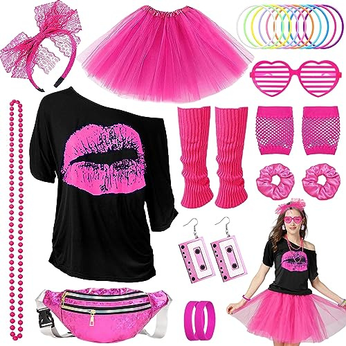 80s Costume Outfits Accessories Set for Women, 1980s Fancy Dress Party Kits with T-shirt Tutu Bumbag Headband Earring Necklace Fishnet Gloves Leg Warmers Glasses Bracelet Scrunchies for Women Dress up