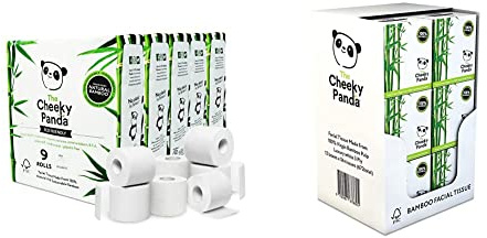 The Cheeky Panda Bamboo Toilet Rolls Bulk Buy – 45 Rolls (5 Packs of 9) | 3 Ply Toilet Paper | Plastic & Bamboo Facial Tissues | 12 Cube Tissue Boxes