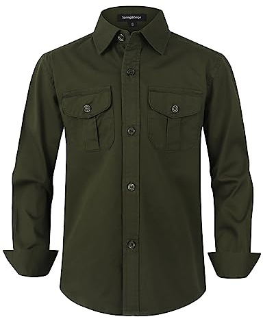 Spring&Gege Boys' Solid Long Sleeve Western Shirts Woven Button-Down Shirts for Kids Two Pockets, Olive Green, 9-10 Years