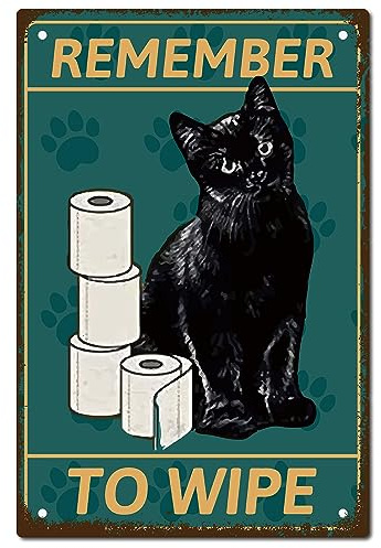 CREATCABIN Gatto Nero Targa In Metallo Vintage Targa In Metallo Poster REMEMBER TO WIPE Retro Toilette Pittura In Ferro Decorazione Da Parete Arte Murale Appeso Cartello Promemoria 30x20cm