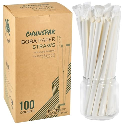 Cannucce monouso biodegradabili Boba da tè in carta bianca, lunghezza 23 cm, larghezza 12 mm, estremità appuntita - 100 pezzi, confezionate singolarmente - Casa e ristorante