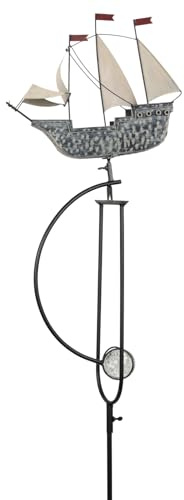 Moritz Windspiel Segelschiff 151 cm – Gartenstecker Metall Pendel Deko | Dreimaster mit Segeln und roten Wimpeln, Pendelbogen mit Glaskugel, Erdspieß mit Trittbügel, 35 breit, 1,1 kg