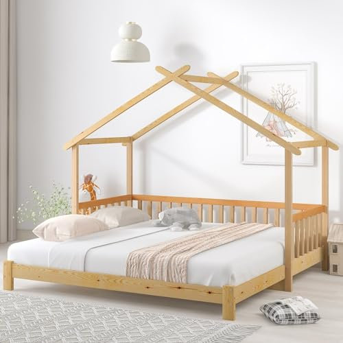 Daesar Einzel- und Doppelbett, Hausbett Kinderbett Tagesbett mit Rausfallschutz, Erweiterbares Baumhausbett, Massivholz Natur (90x200cm)
